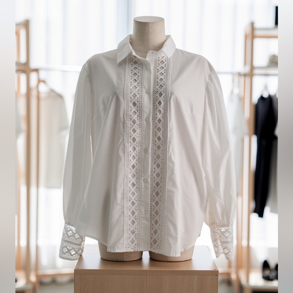 7th Avenue White Lace Button-Up Blouse Long Sleeve Size M